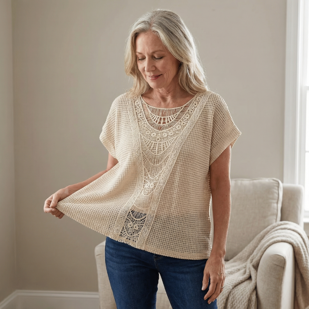 Crochet Lace Panel Short Sleeve Knit Top 5