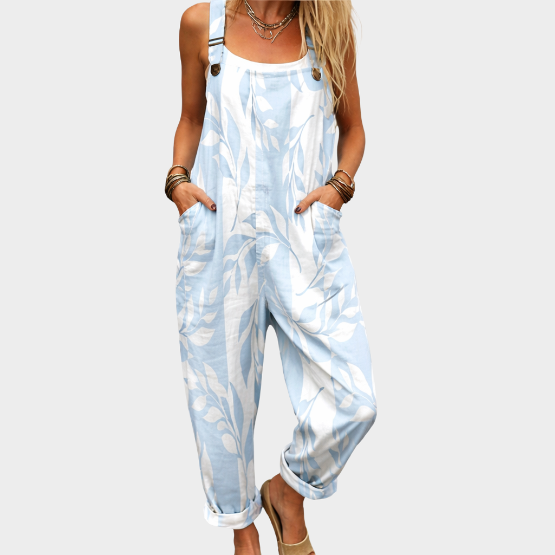 Leaf Print Sleeveless Cuffed Overall Jumpsuit