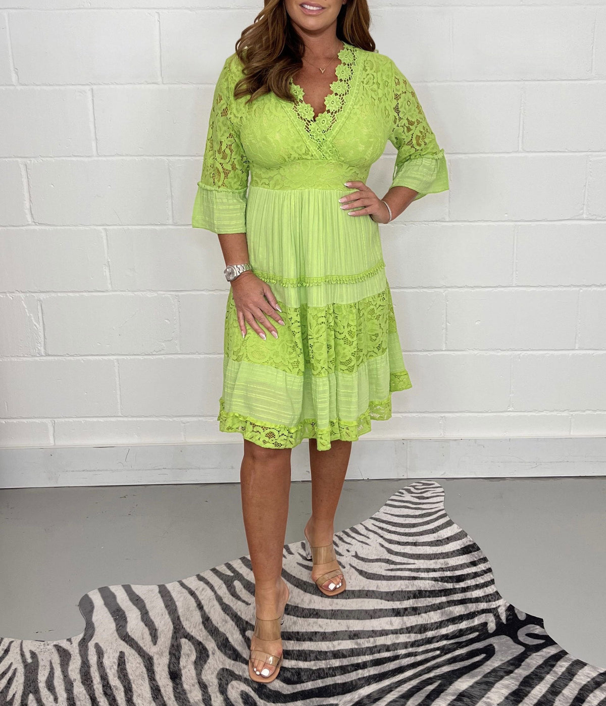 Lace Deep V-Neck Bell Sleeve Tiered Scalloped Lace A-Line Midi Dress - View 2