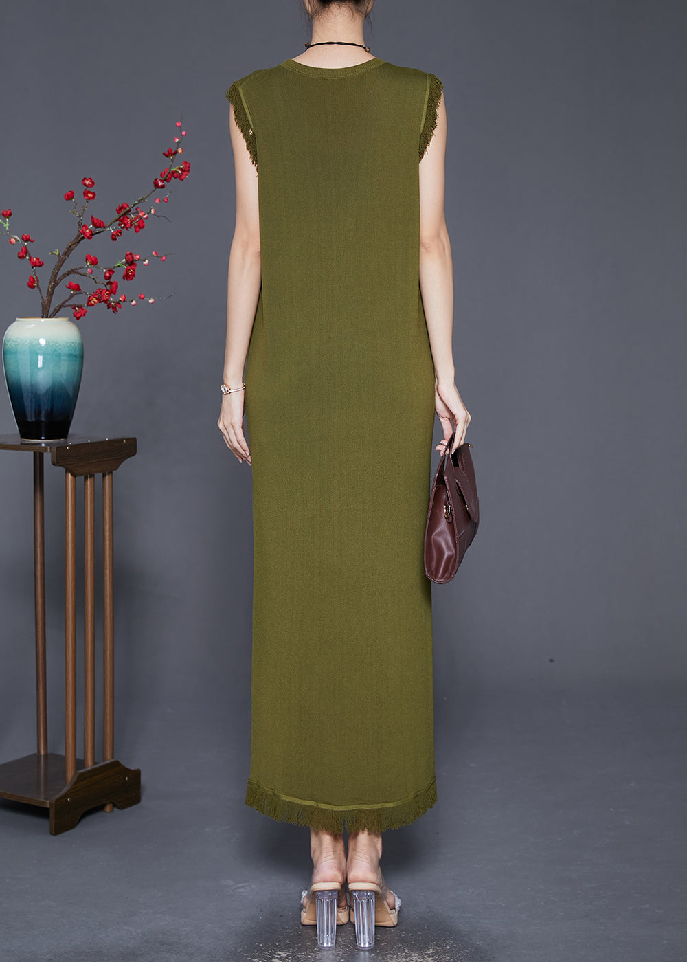 Knit Sleeveless Fringe Trim Crew Neck Column Maxi Dress - View 4
