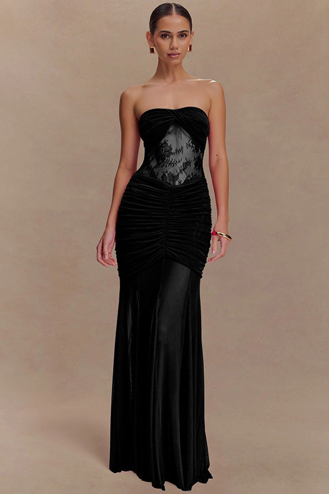 Strapless Twist Front Lace Corset Ruched Mermaid Maxi Dress 7