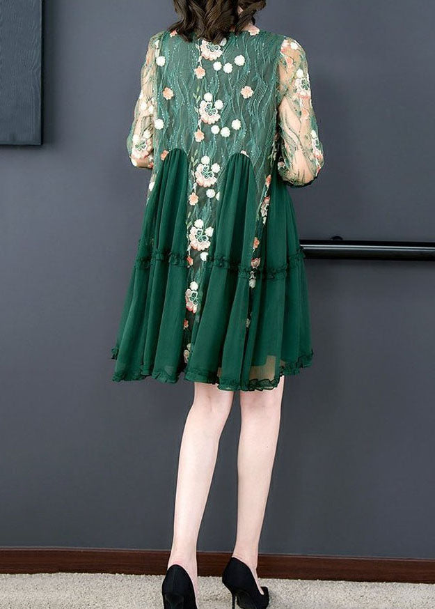 Floral Embroidered Mesh Round Neck Ruffle Cuff Tiered Mini Dress - View 4