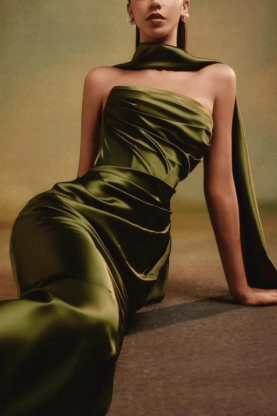 Satin Strapless Ruched Scarf Mermaid Gown - View 3