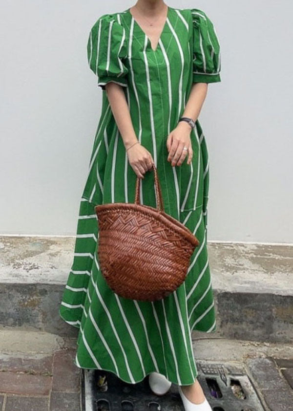 Striped V-Neck Puff Sleeve Tiered Flounce A-Line Maxi Dress - View 3