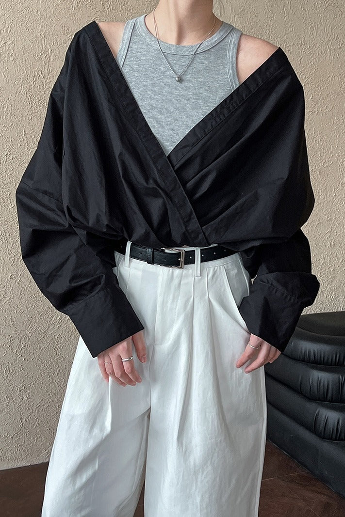 Off Shoulder Structured Peplum Mock Two Piece Blouse