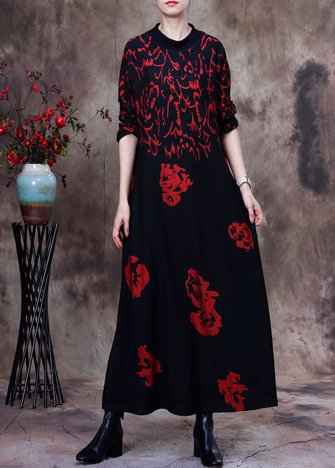 Abstract Calligraphy Print Mock Neck Long Sleeve Maxi Dress