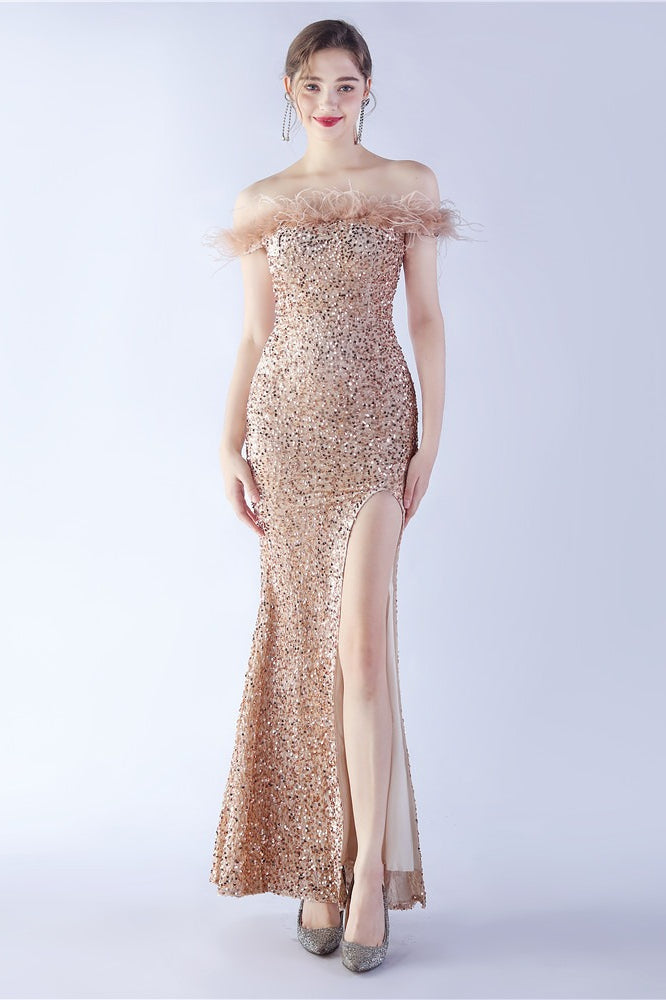 Sequin Off Shoulder Feather Trim High Split Mermaid Gown 30