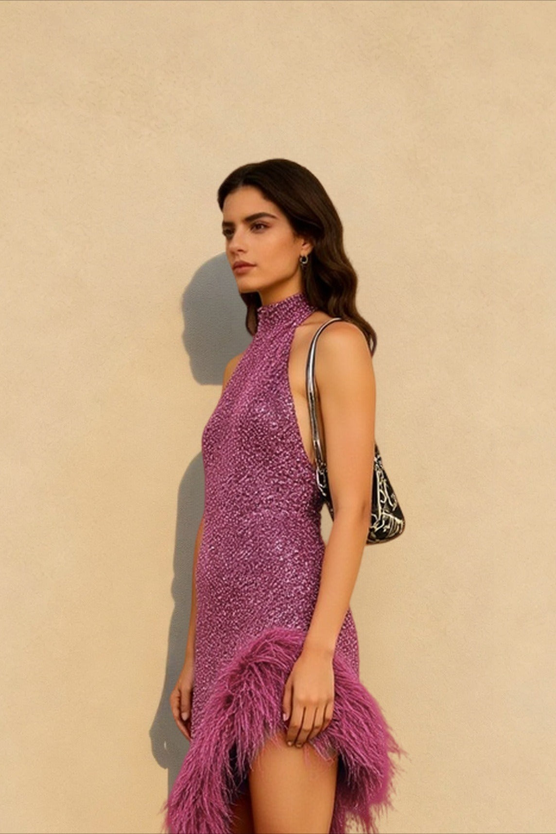 High Neck Halter Sleeveless Feather Hem Sequin Bodycon Dress 2