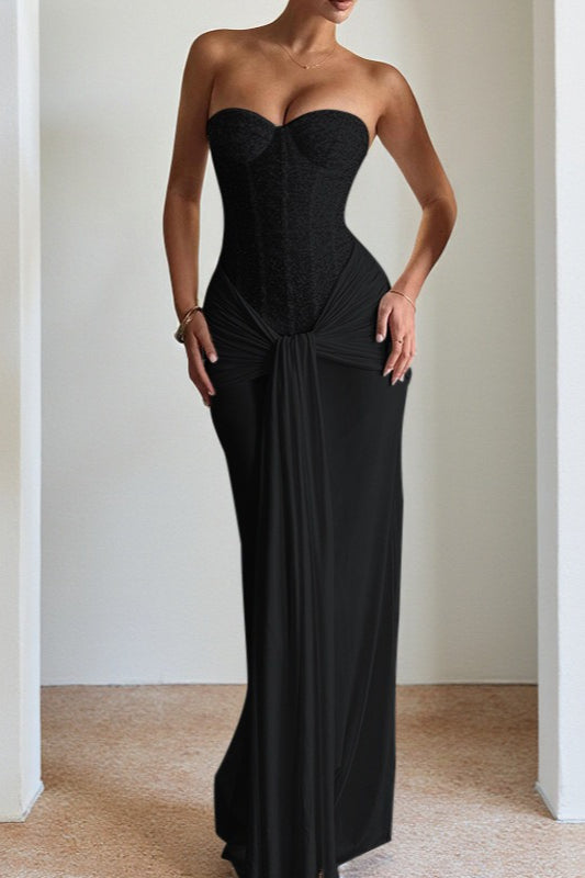 Strapless Sweetheart Sequin Corset Draped Waist Formal Gown - View 5