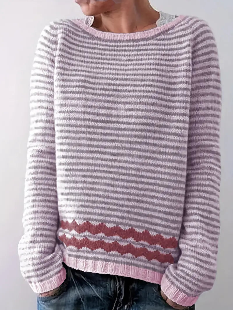 Round Neck Long Sleeve Striped Ribbed Knit Sweater