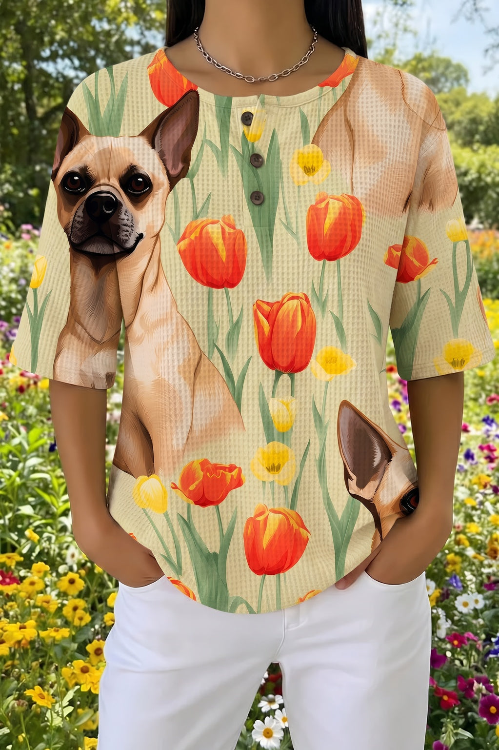 Dog and Tulip Print Waffle Knit Henley Short Sleeve Top