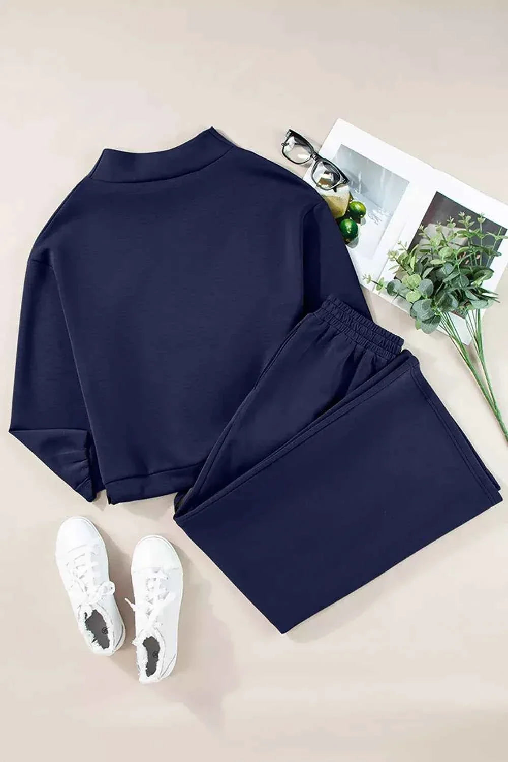 Cowl Neck Drawstring Pullover Wide Leg Pants Set