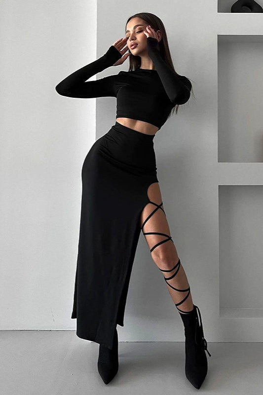 Solid Crew Neck Long Sleeve Tie Waist Skirt Two Piece Set