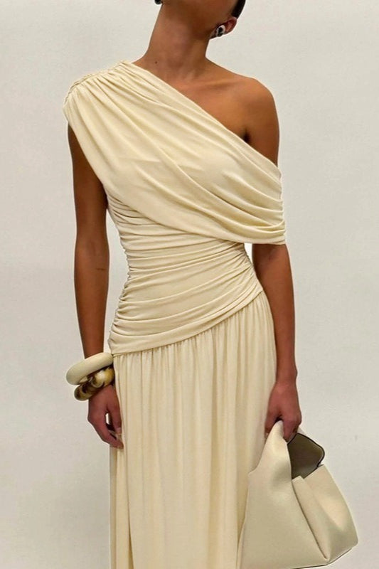 One Shoulder Ruched Draped Flowy Maxi Dress - View 2