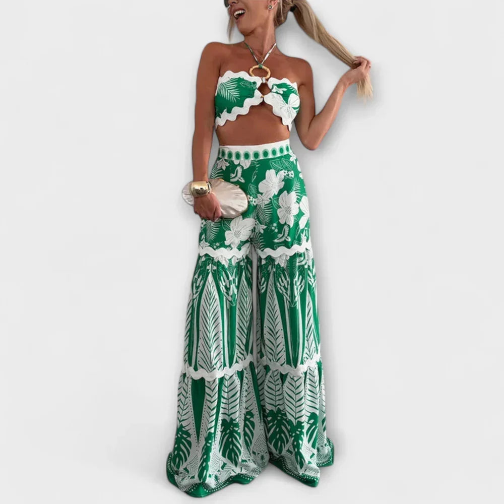 Tropical Print Halter Crop Top and Wide Leg Pants Two Piece Set