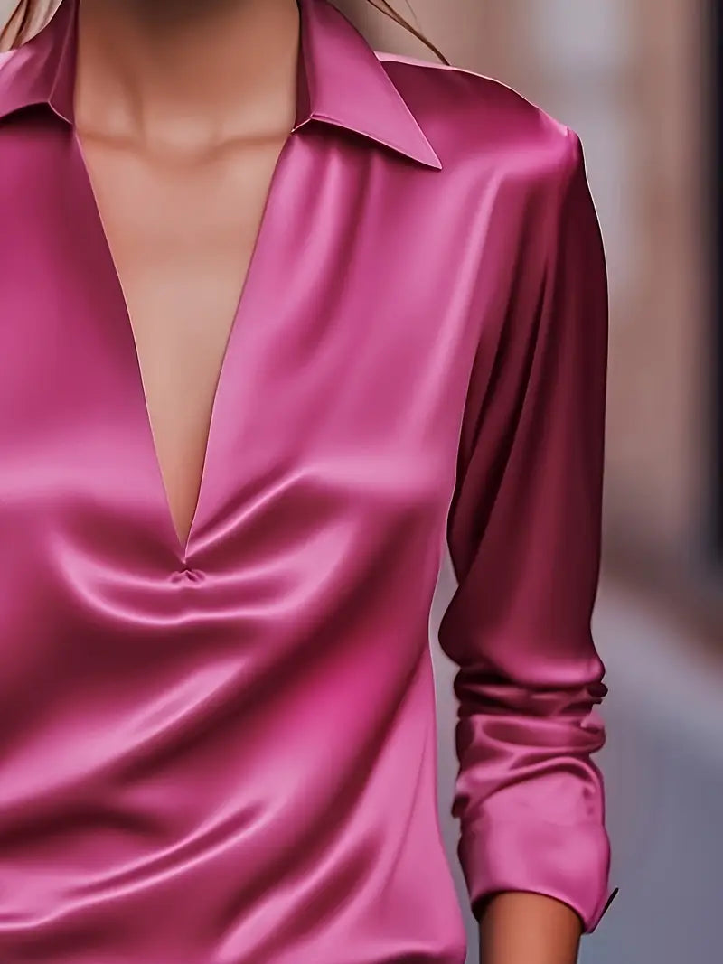 Collared Deep V-Neck Long Sleeve Satin Blouse 18