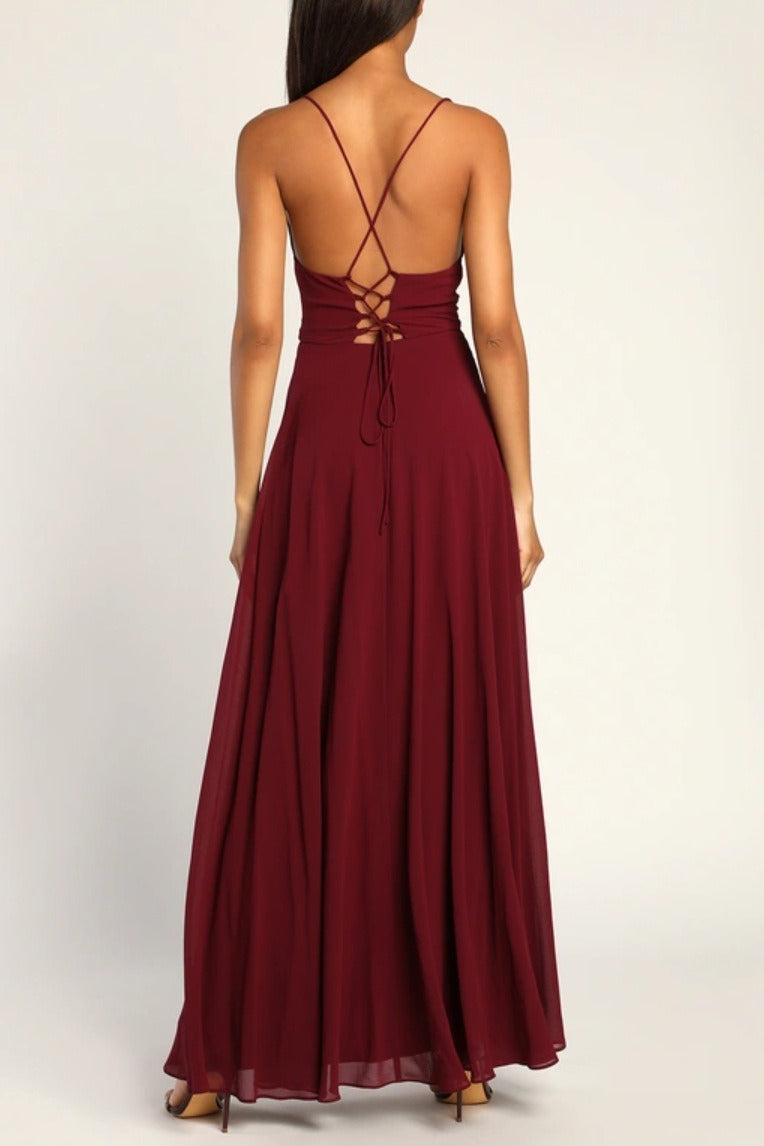 Chiffon Cowl Neck Lace Up Back High Split Maxi Dress - View 2