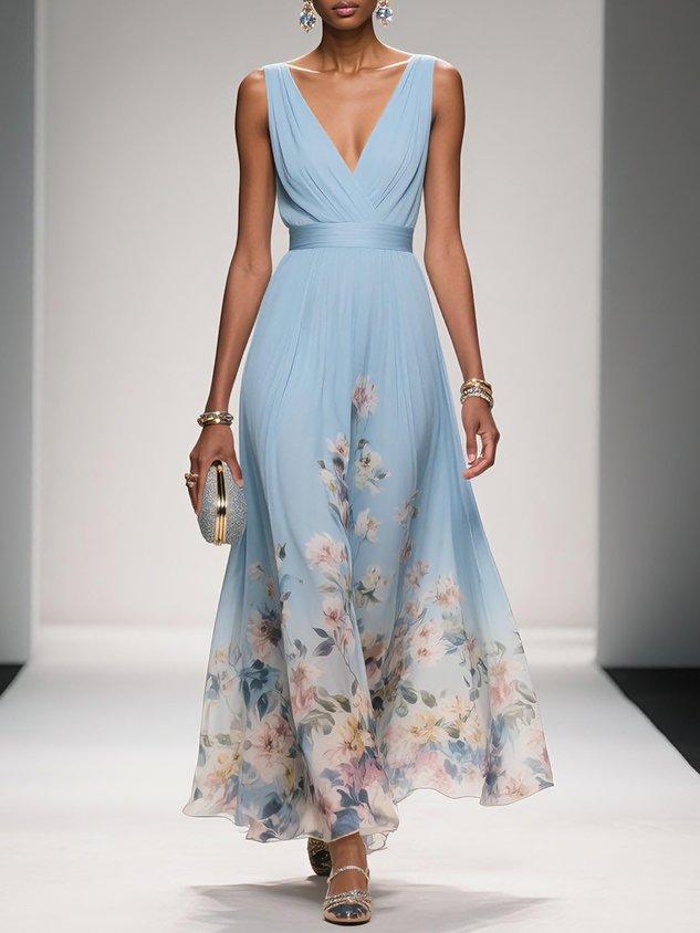 Floral Chiffon Deep V-Neck Sleeveless Pleated Maxi Dress 11