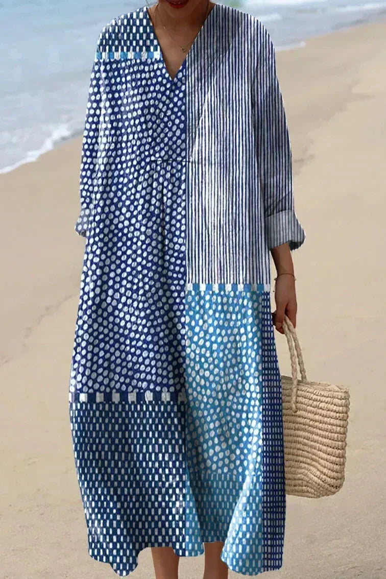 Polka Dot Stripe Patchwork V-Neck Long Sleeve Maxi Dress