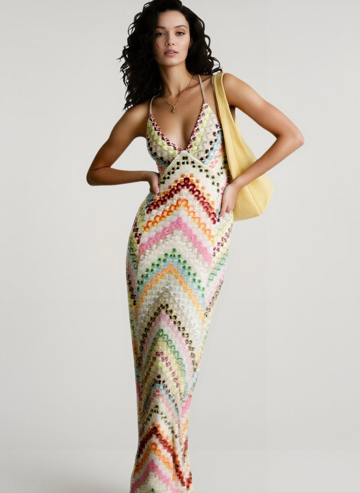 Chevron Knit Plunge Neck Backless Slip Maxi Dress