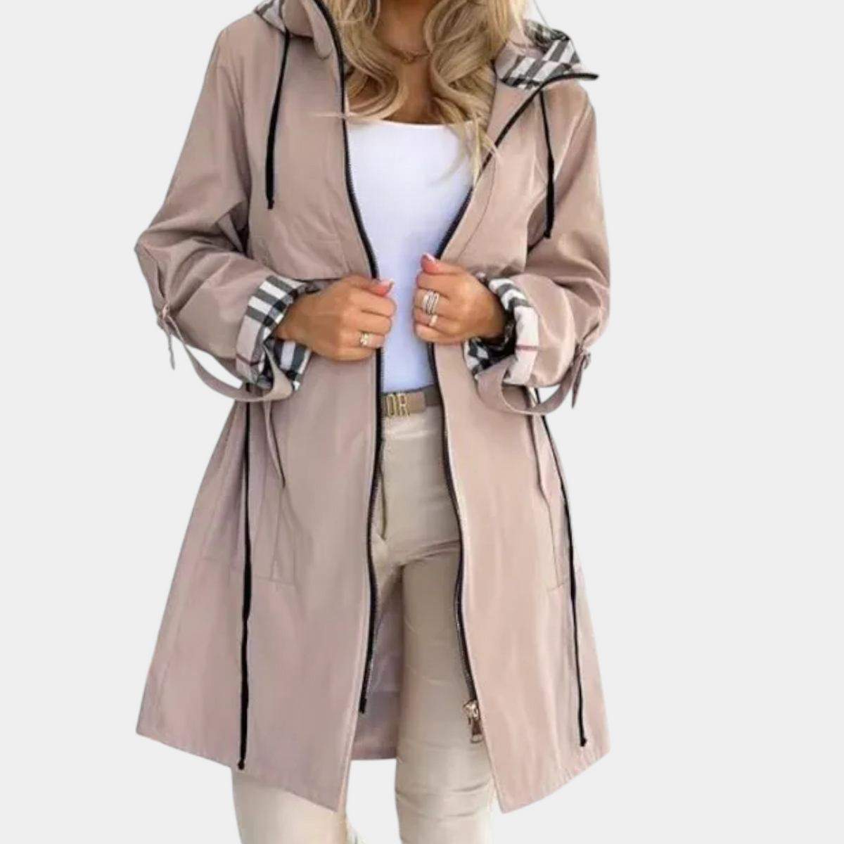 Hooded Zip Front Drawstring Longline Rain Coat
