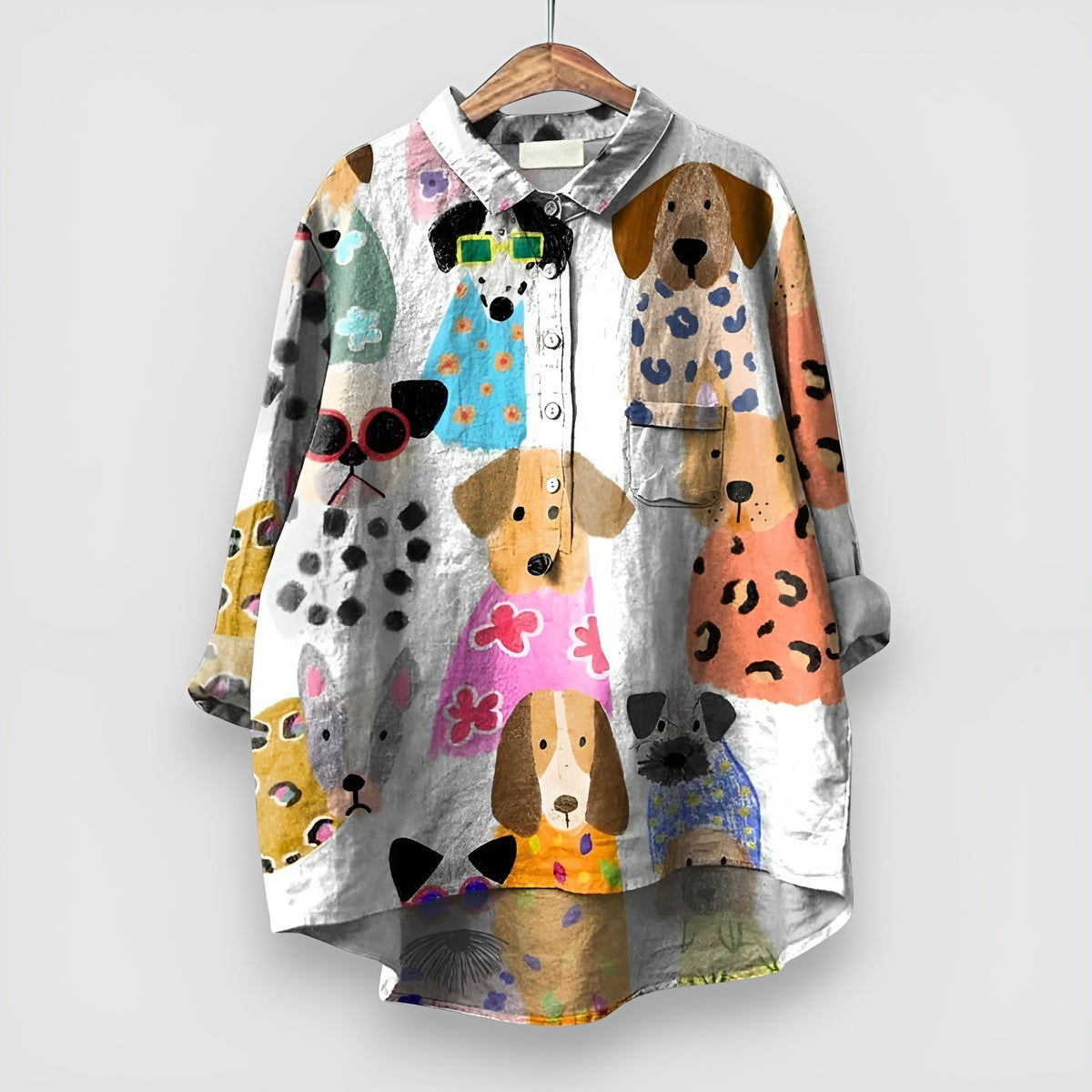 Dog Print Collared Long Sleeve Button Front High Low Shirt 2