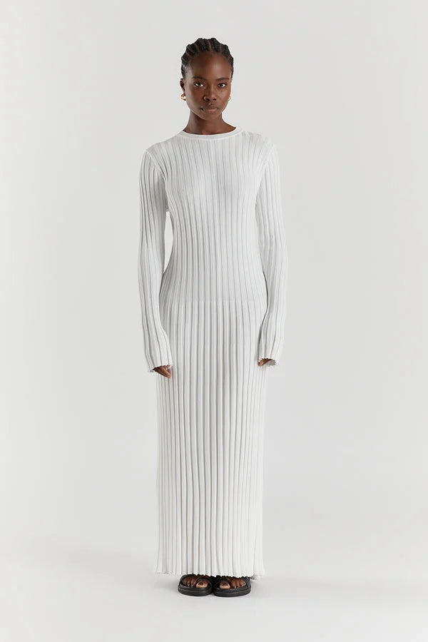 Ribbed Knit Crew Neck Long Sleeve Slim Fit Column Maxi Dress - View 2