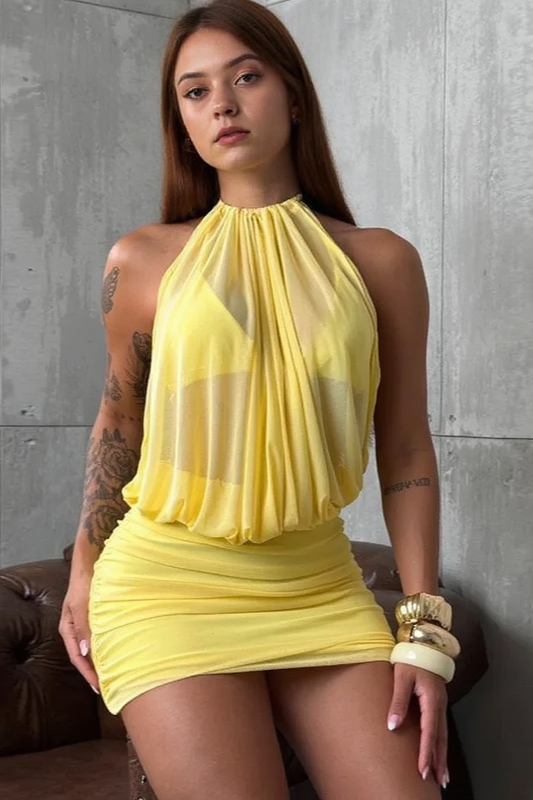 Mesh Halter Neck Draped Ruched Bodycon Mini Dress