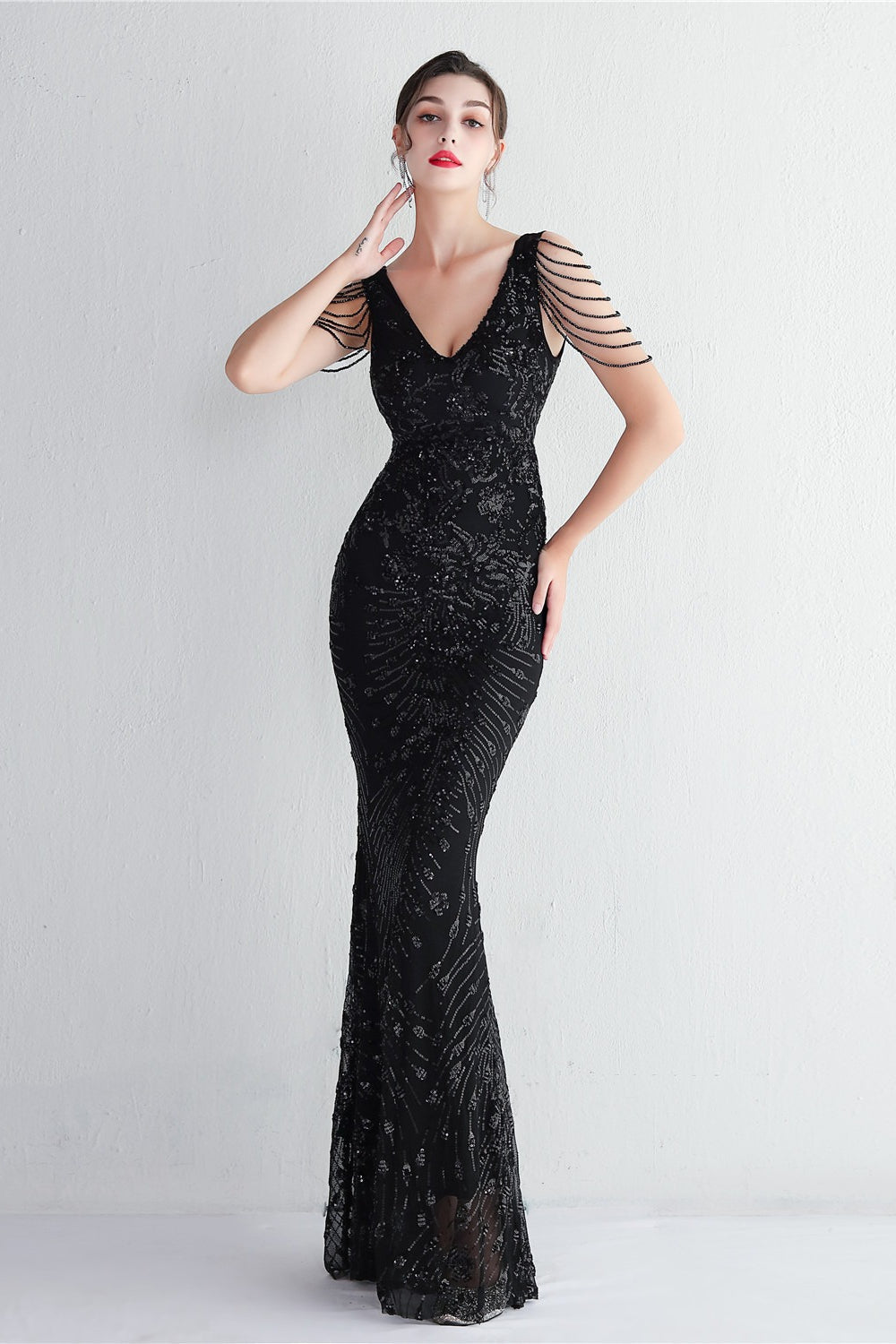 Sequin V-Neck Beaded Fringe Sleeve Mermaid Evening Gown - View 9
