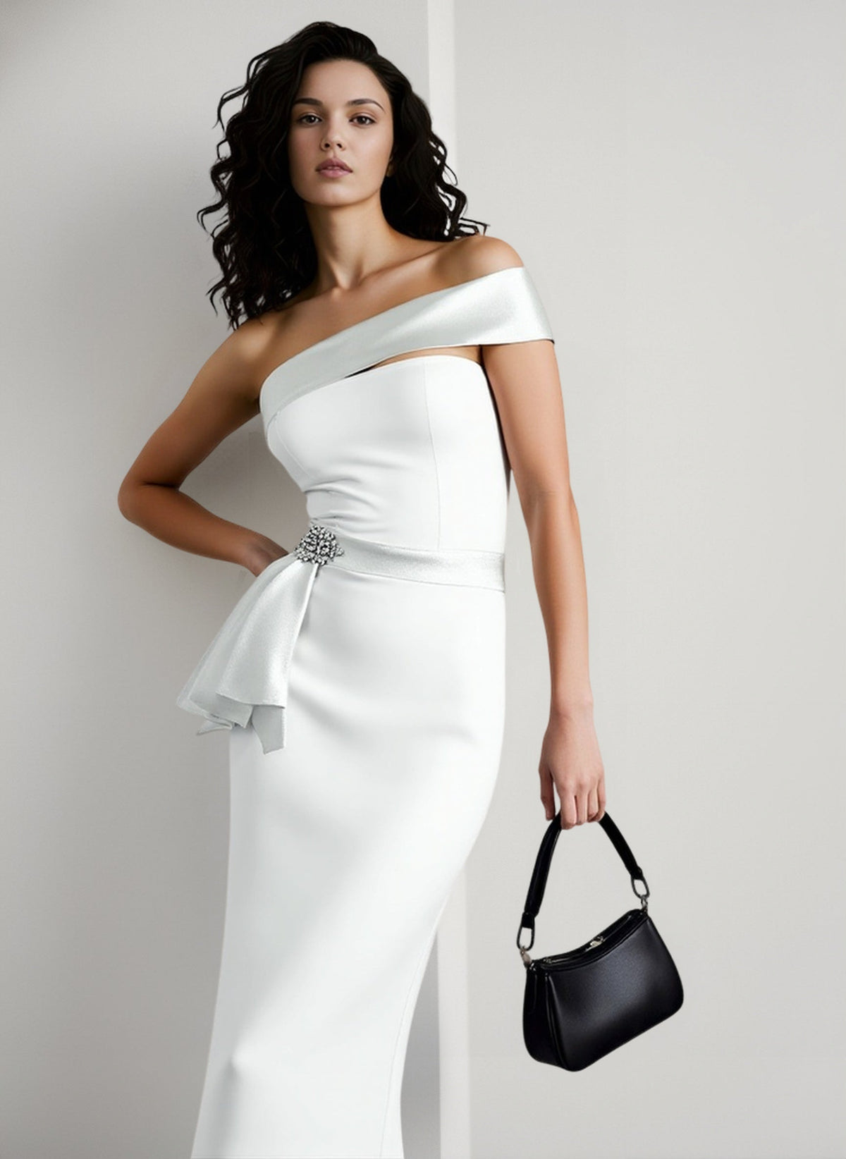 Satin Strapless Cut Out Peplum Rhinestone Column Maxi Dress - View 4