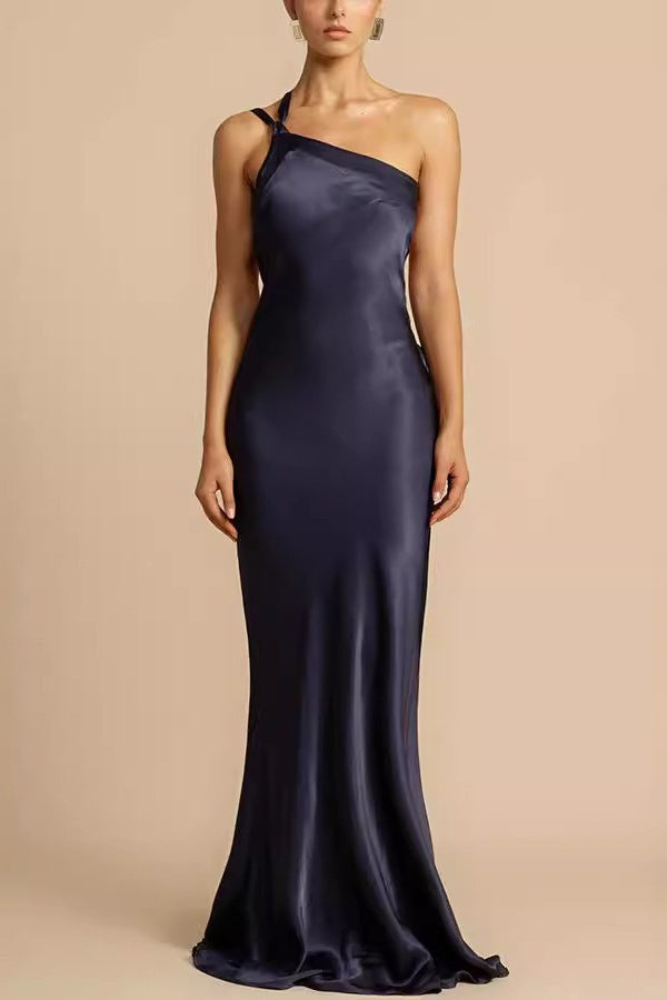 Satin One Shoulder Twisted Strap Mermaid Maxi Gown - View 3