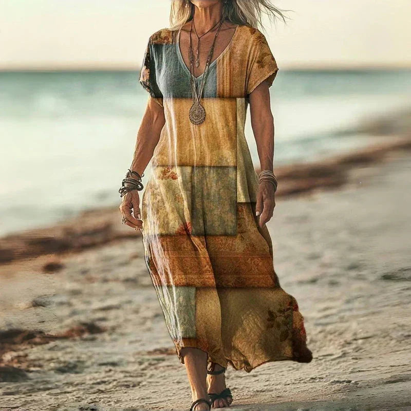 Tie Dye Print V-Neck Short Sleeve Loose Maxi Beach Dress 2