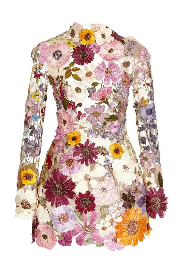 Floral Applique Long Sleeve Sheer Bodycon Mini Dress - View 8