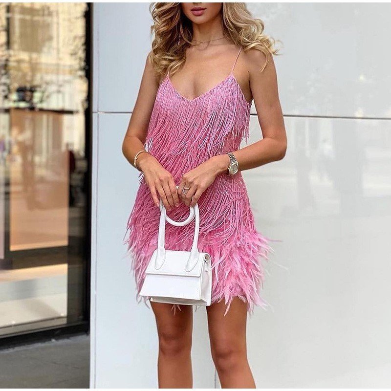Sequin Feather Fringe Spaghetti Strap Bodycon Mini Dress