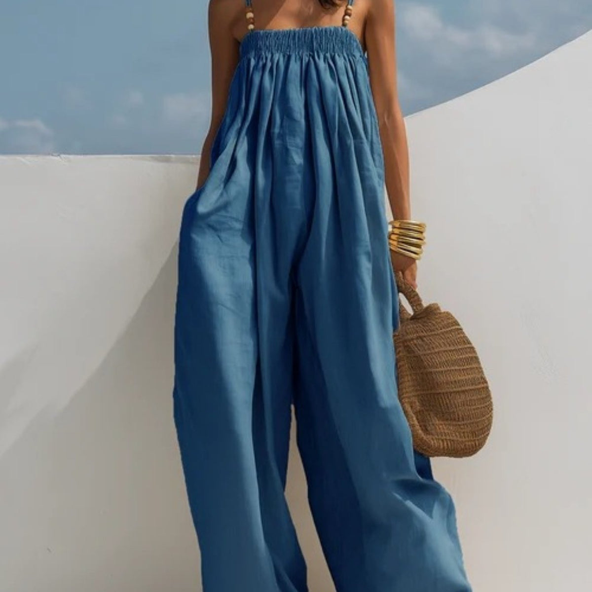 Spaghetti Strap Wide Leg Denim Look Overall Jumpsuit 6