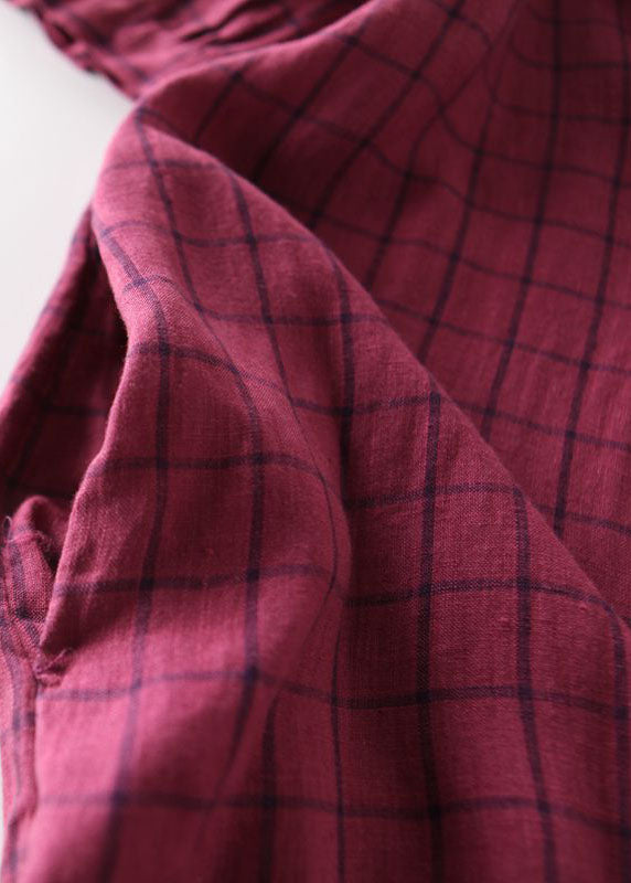 Plaid Print Ruffle Mock Neck Short Puff Sleeve A-Line Midi Dress - View 4