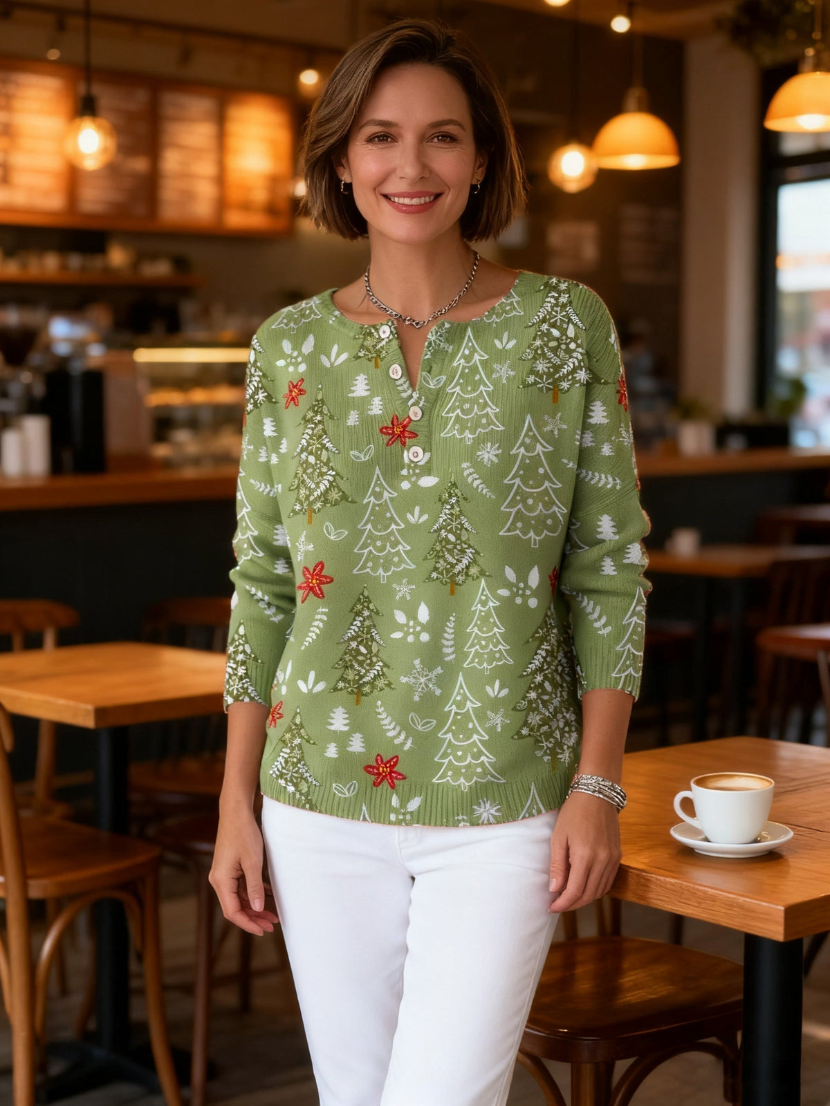 Christmas Tree Print Button Henley Waffle Knit Top 6