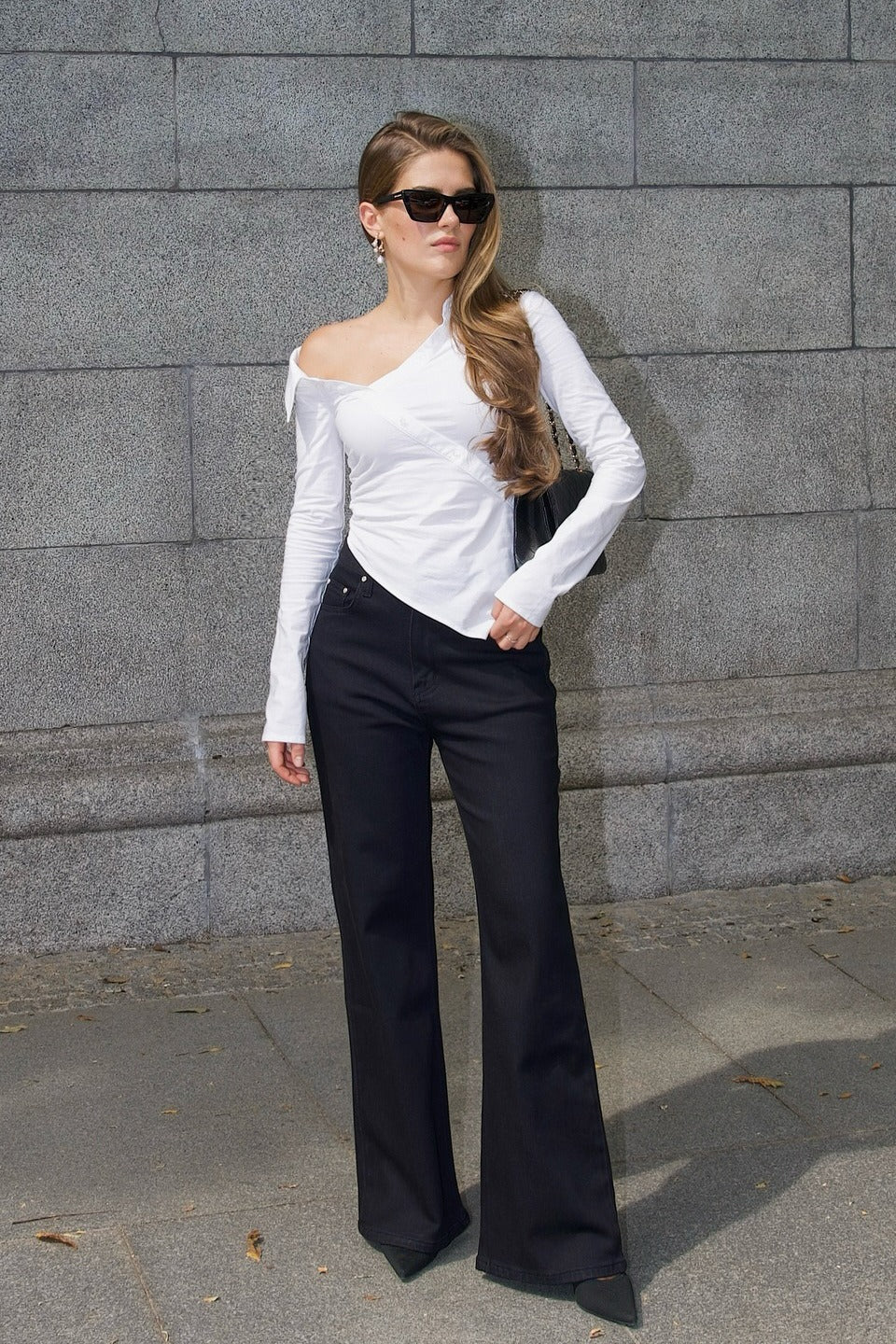 Off Shoulder Asymmetric Button Blouse