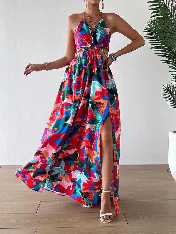 Tropical Floral Halter Deep V-Neck Cut Out High Split Maxi Dress 9