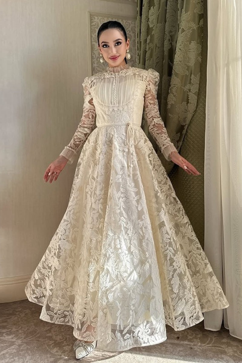 Lace Floral Embroidered High Neck Ruffle Long Sleeve A-Line Gown