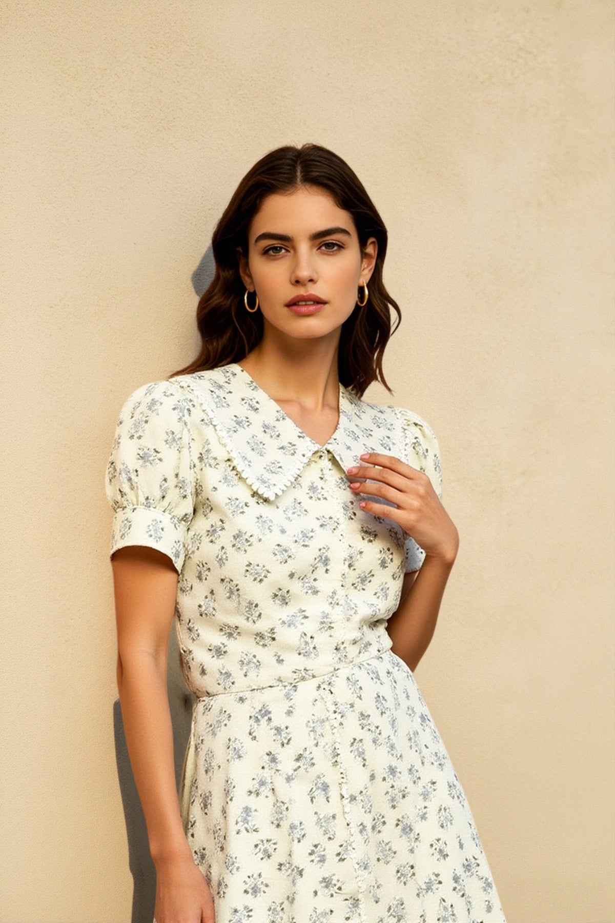 Floral Oversized Collar Puff Sleeve Button Front Flare Mini Dress 3