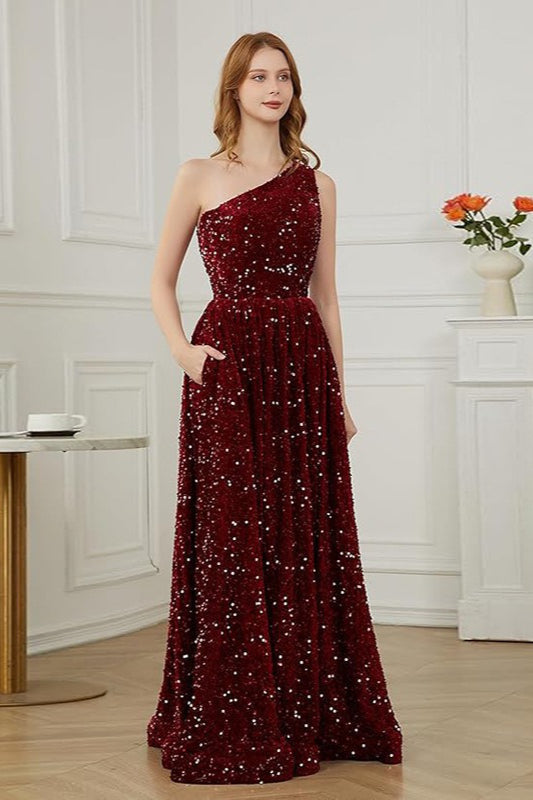 Sequin One Shoulder A-Line Maxi Prom Dress