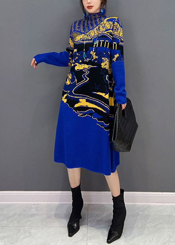 Landscape Graphic Print Mesh Insert Mock Neck Midi Dress - View 3