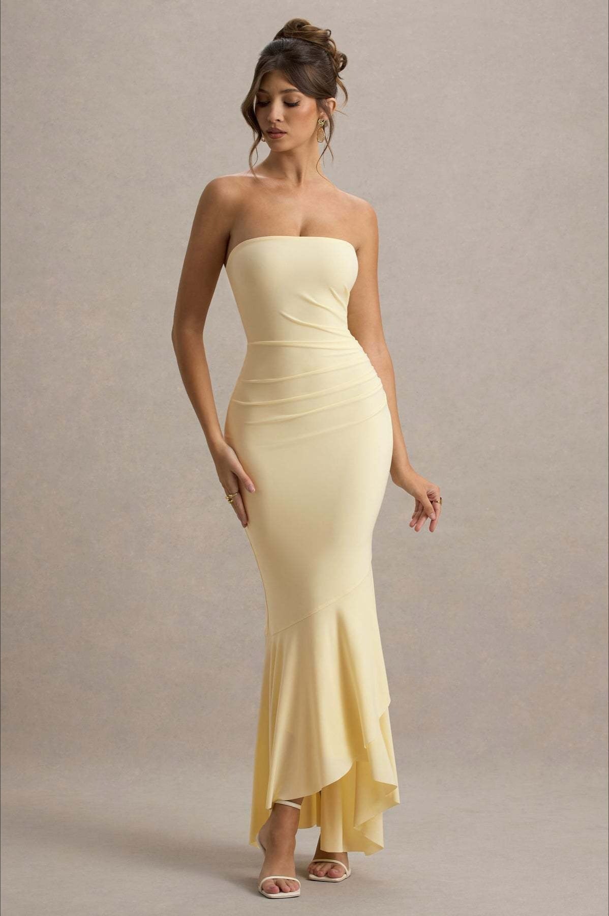 Strapless Ruched Asymmetric Ruffle Hem Bodycon Maxi Gown - View 10