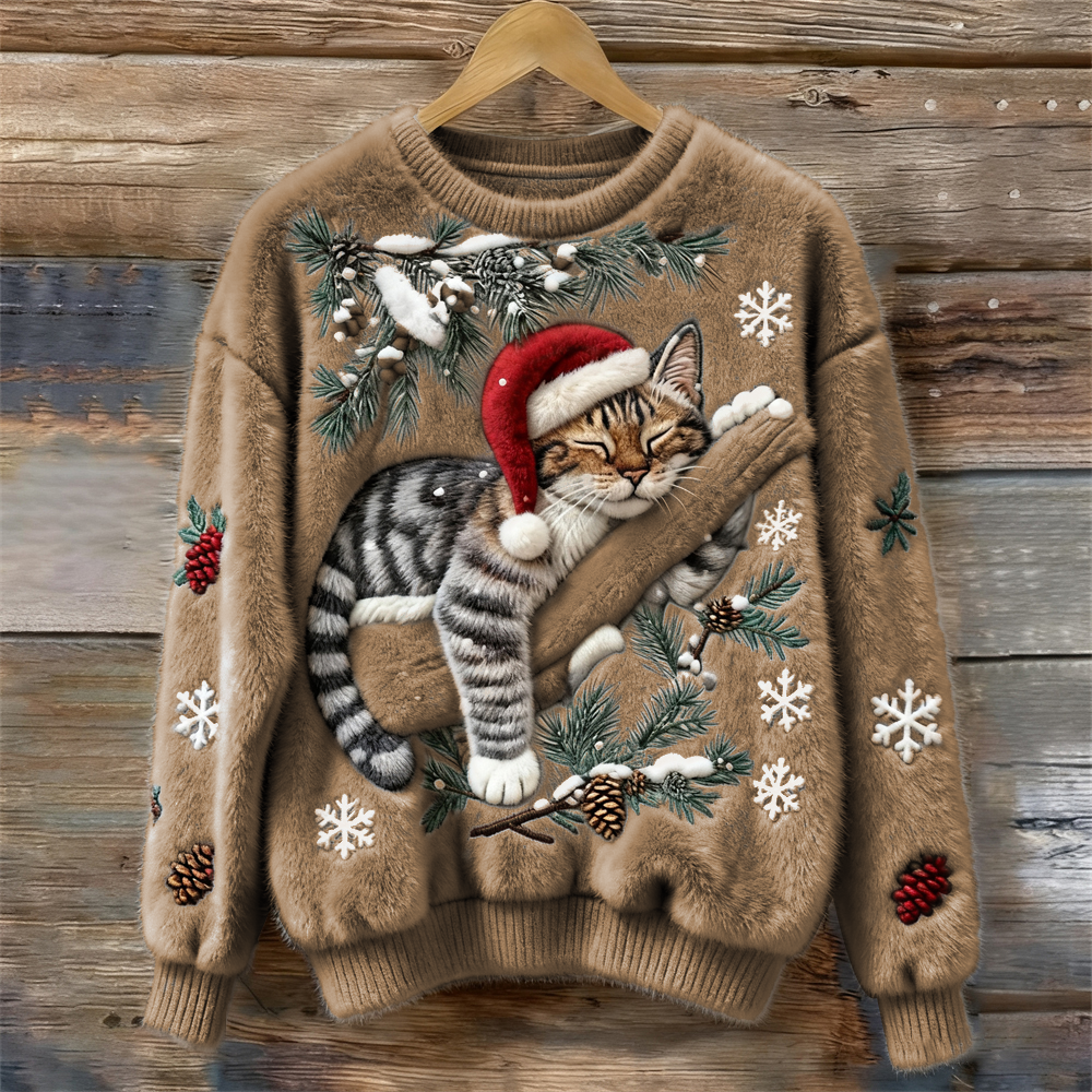 Crew Neck Christmas Cat Print Fuzzy Knit Sweater 5