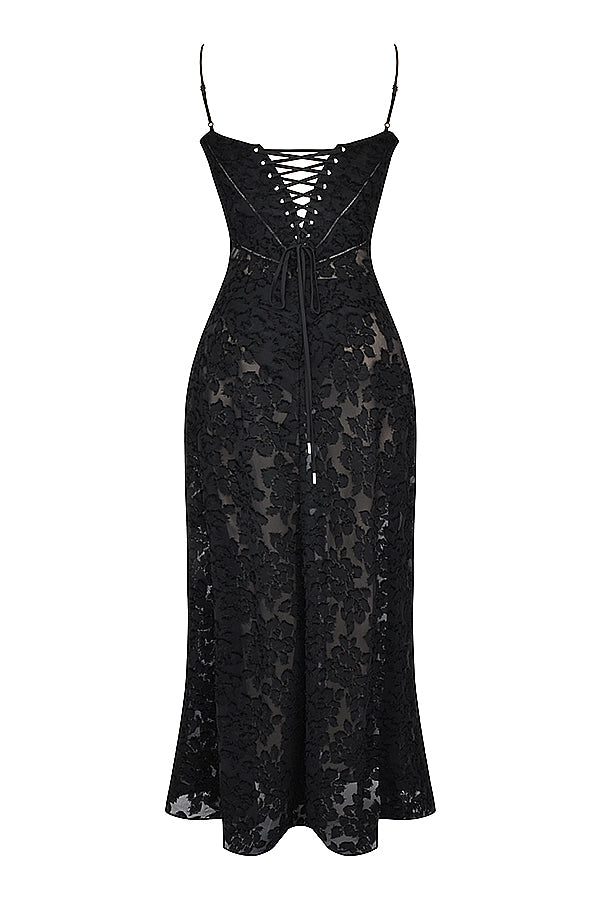 Floral Lace Spaghetti Strap Corset Bodice Sheer Mesh Maxi Gown 43
