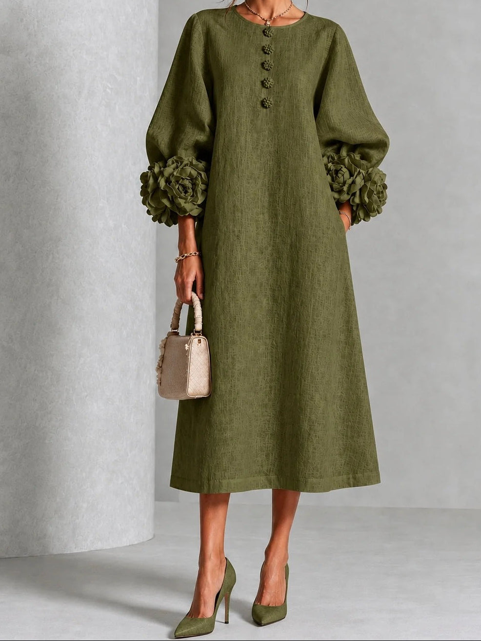 Round Neck 3D Floral Cuff Button Front Midi Dress 7
