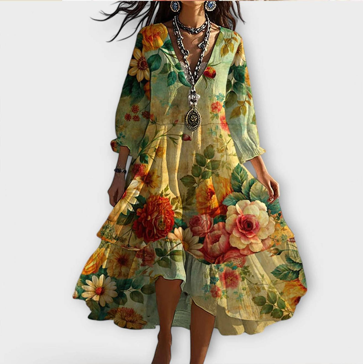 Floral Print V-Neck Bohemian Midi Dress