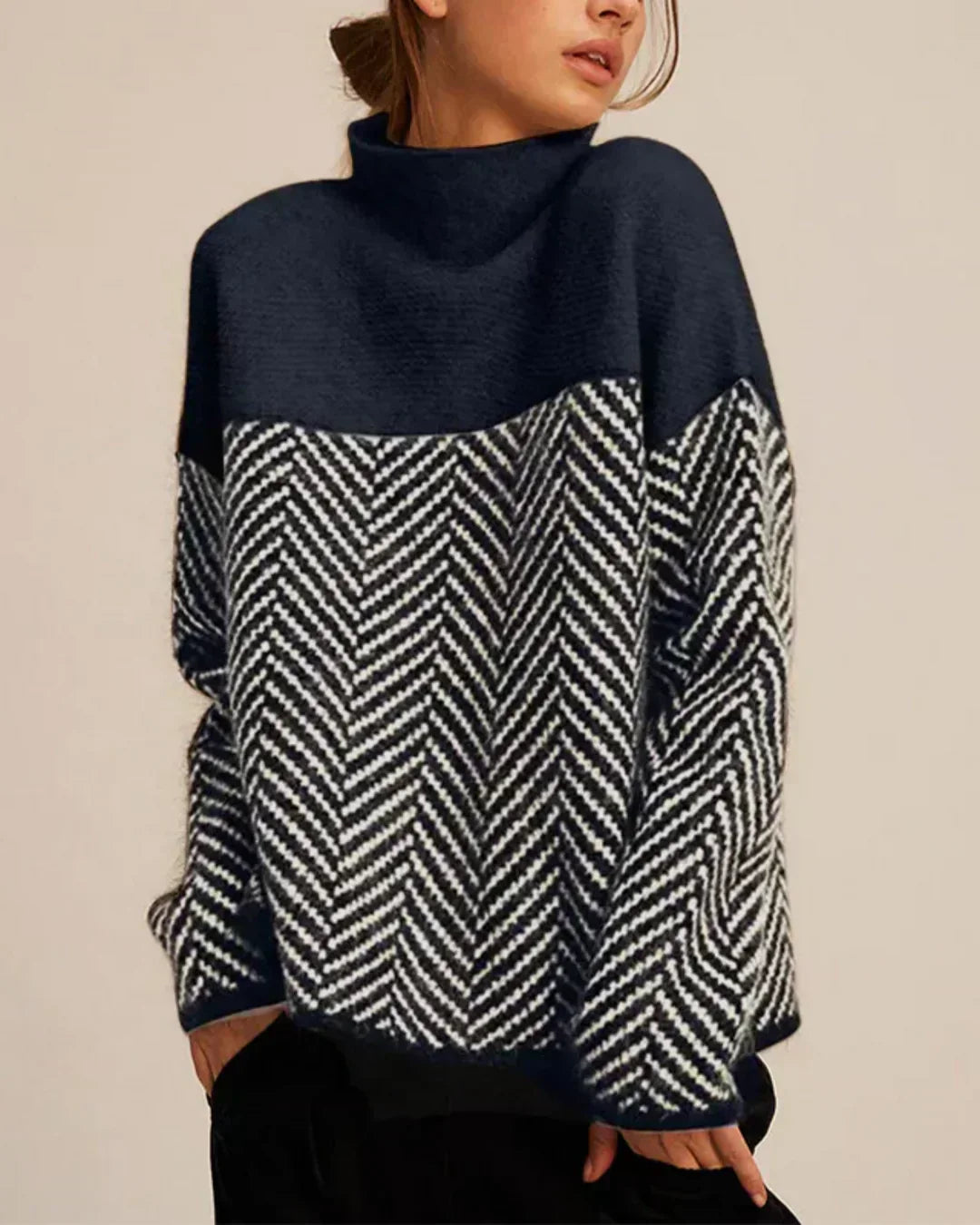 Turtleneck Herringbone Colorblock Oversized Sweater 4