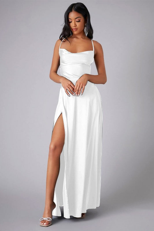 Satin Cowl Neck Spaghetti Strap High Split Maxi Formal Dress - View 9